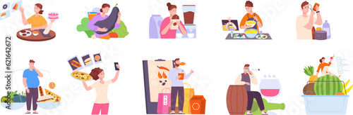 People culinary products. Customer quality food tasting, man eating cooked taste dinner on kitchen table, woman eat candy sour or spicy different meal splendid vector illustration