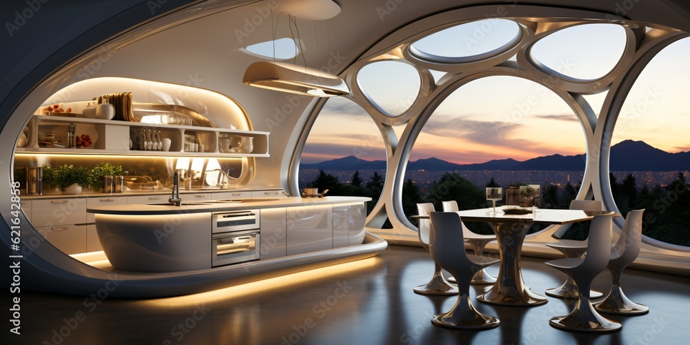 Fototapeta premium futuristic organic architecture design, luxury and modern kitchen with ocean view, fictional architecture created with generative ai