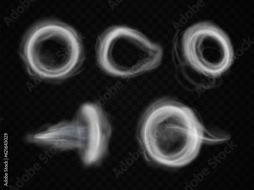Realistic smoke rings. Circle steam ring puff effect after vape cigarette or hookah, rounded swirls vaping smoky cloud from pipe, round shape air wind set exact vector illustration