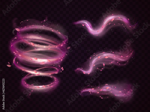Realistic pink wind. Flying rose petals flower fragrance magic whirlwind of cherry tree or sakura blossom, fresh floral glitter air vortex falling petal, exact vector illustration