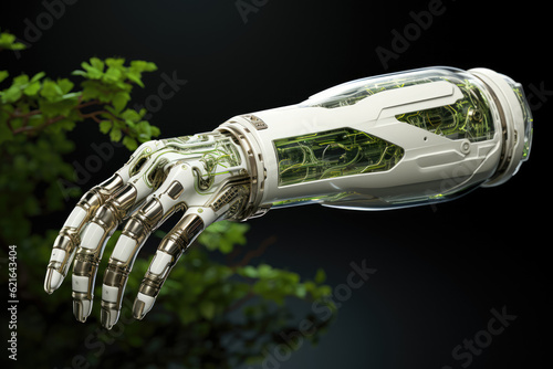 Conceptual design where a human arm is covered with grass, symbolizing the integration of green technology. Generative Ai.