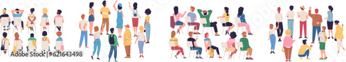Audience back view. Behind crowd standing people group looking backside leader on rally event concert, human person stand-up or sit chair waiting meeting classy vector illustration