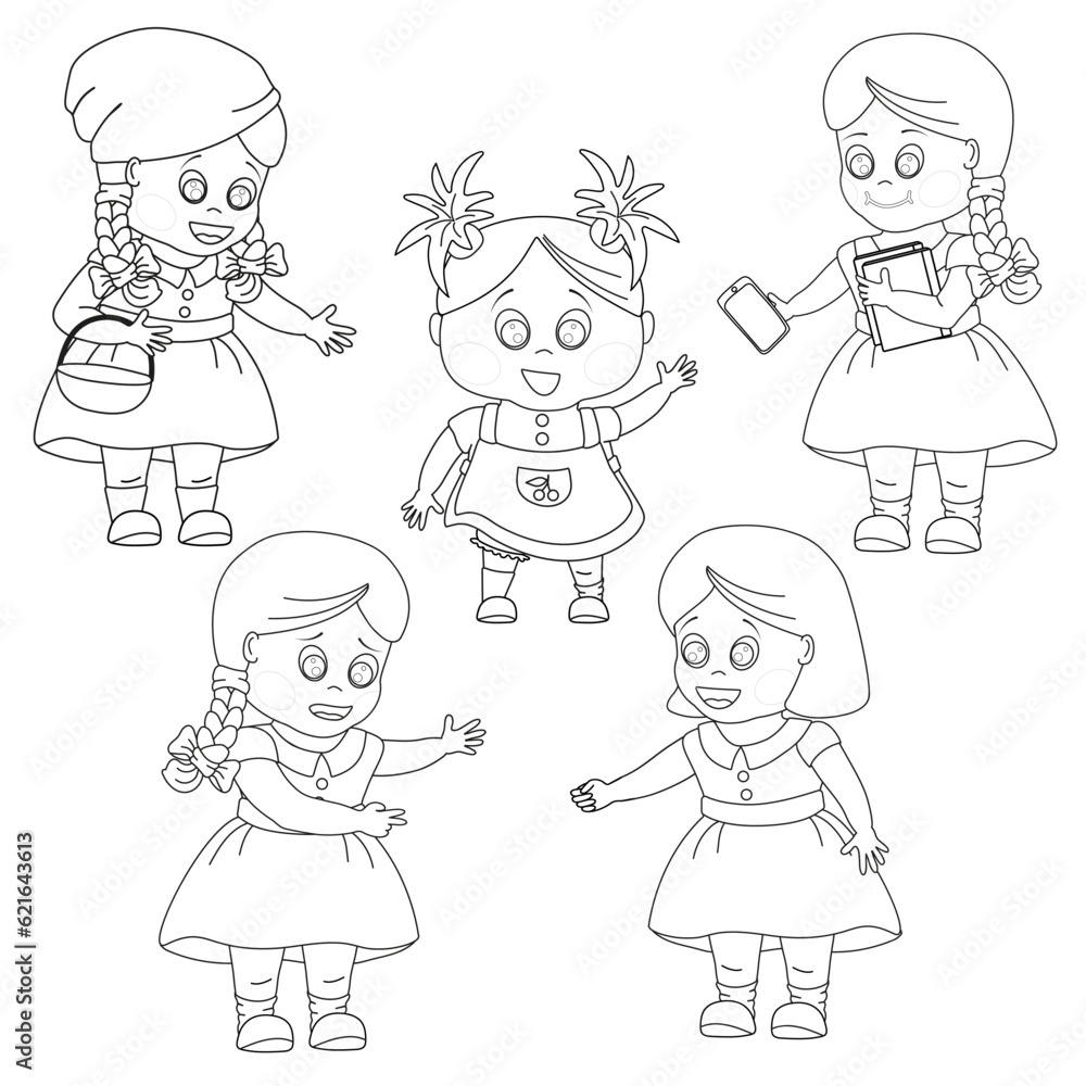 Set of cute little girls with black outline on white background. Cartoon vector illustration for coloring book, print. Black and white.