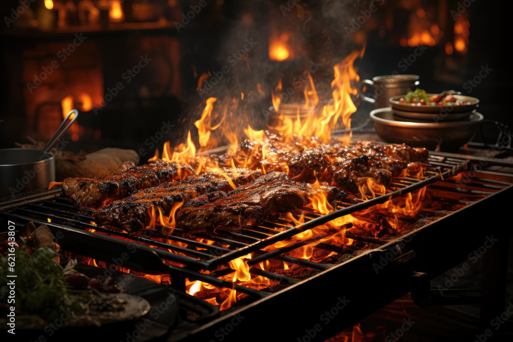 Set against a backdrop of flames, charcoal for barbecue takes center stage, evoking a fiery ambiance. Generative Ai.