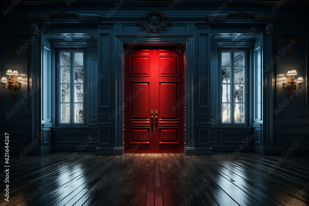 Dramatic illumination, Bright light filters through white door, contrasting with dark interior Generative AI