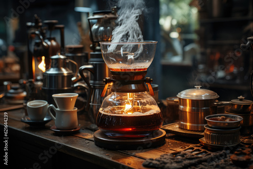 A captivating close-up captures the process of preparing coffee, exuding a vintage charm and evoking the comforting aroma of a freshly brewed cup. Generative Ai.