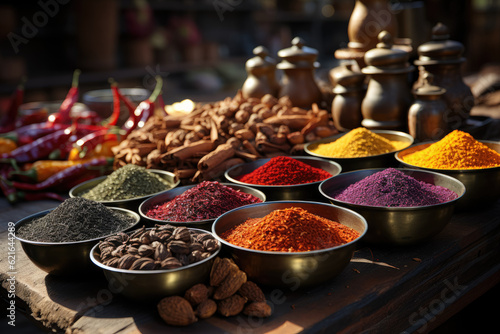 Colorful piles of spices create a vibrant and aromatic display, offering a glimpse into the rich flavors of an Eastern market. Generative Ai.