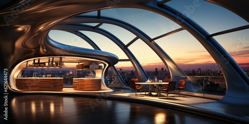 futuristic organic architecture design, luxury and modern kitchen with ocean view, fictional architecture created with generative ai