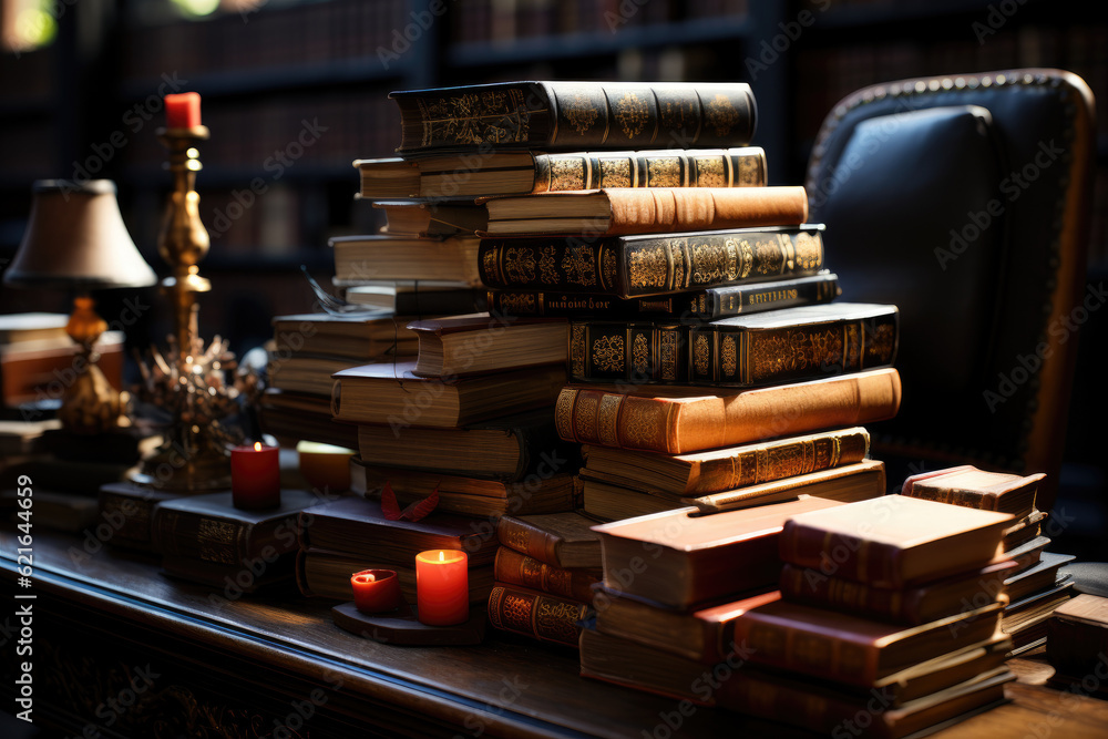 Stacked books resting on a desk chair symbolize the concept of
