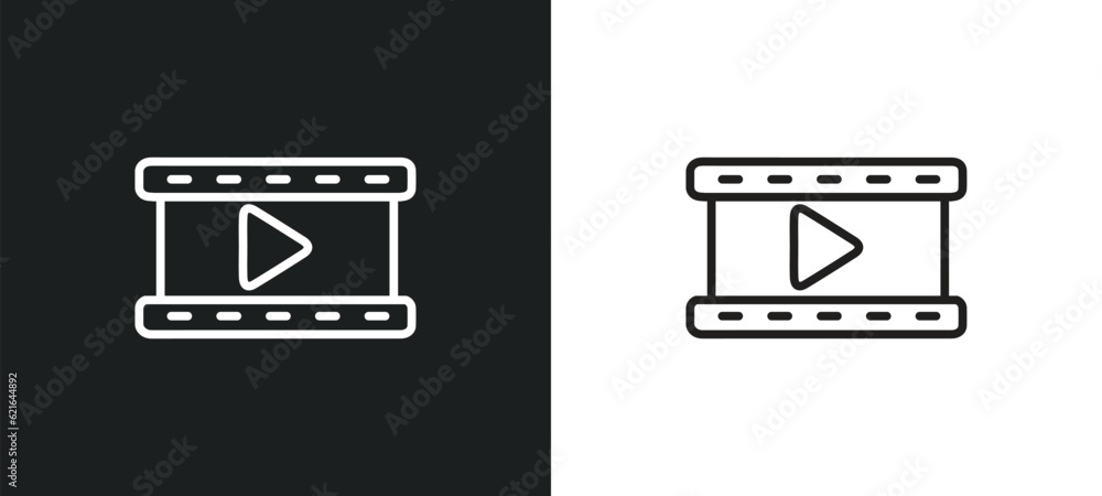 film strip with play triangle outline icon in white and black colors ...