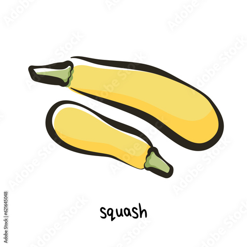 Yellow zucchini icon in cartoon flat style with outline. Squash isolated on black background. Vector.