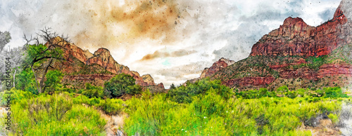 Digitally created watercolor painting of the Watchman a kayenta rock formation of Zion National Park in Utah.