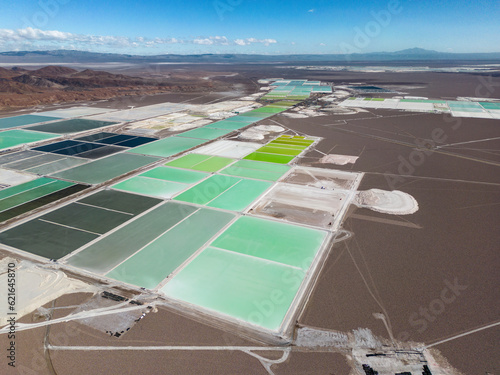 Lithium fields / evaporation ponds in the Atacama desert in Chile, South America - a surreal landscape where batteries are born