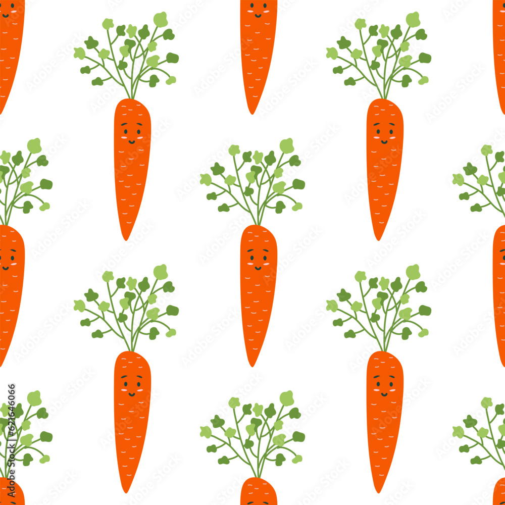 Seamless pattern with kawaii carrot. Easter theme kids background. Vegetable, healthy vegan food concept. Flat style vector illustration. Seamless pattern with kawaii carrot. Easter theme kids background. Vegetable, healthy vegan food concept. Flat style vector illustration.
