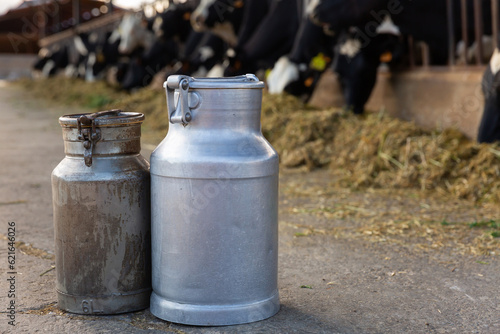 Image of two milk canisters standing on a farm in a cowshed. Close-up image