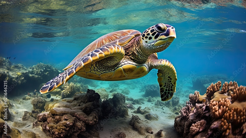 Obraz premium Majestic Green Sea Turtle Swimming in Mediterranean Waters with Coral Reef and Underwater Fauna: Generative AI