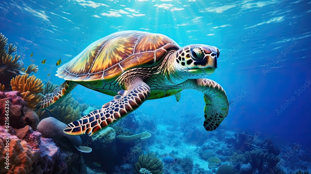 Obraz premium Majestic Green Sea Turtle in the Sparkling Mediterranean Sea of Cyprus, an Underwater Adventure: Generative AI