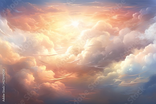Majestic Cloudscape at Sunset. AI-Generated Digital Art Featuring White Fluffy Clouds in a Dramatic Backdrop of Heaven's Light: Generative AI