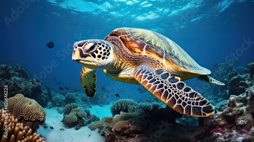 Majestic Green Sea Turtle Swims Freely Along Cyprus Coastline in the Mediterranean Sea. Generative AI © Web