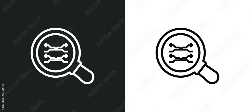 search analytics outline icon in white and black colors. search analytics flat vector icon from analytics collection for web, mobile apps and ui.
