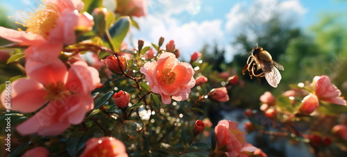 beautiful wild roses bush on beach blue sky, bee on flowers but ,splashes of nectar and water drops on flowers © Aleksandr