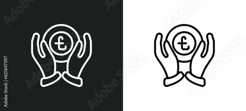 pound coin on hands outline icon in white and black colors. pound coin on hands flat vector icon from business collection for web, mobile apps and ui.