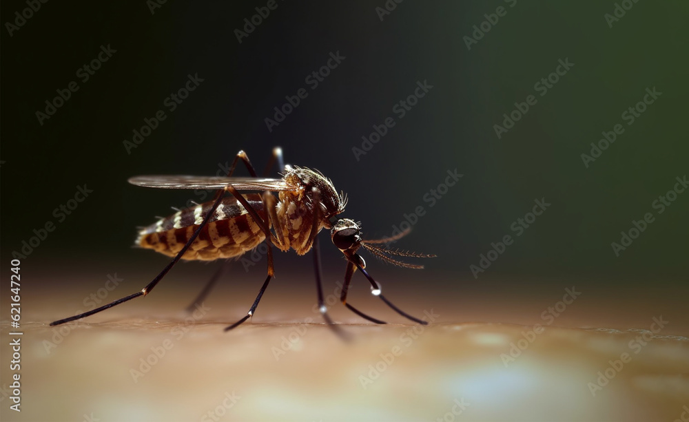 mosquito close-up on human skin at sunset. Generative AI mosquito close-up on human skin at sunset. Generative AI