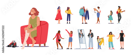 Set Of Characters Men, Women And Kids Dressing, Fitting, Selecting And Wearing Clothing In Store Or Home, Illustration