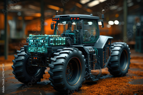Depicting the concept of smart farming, a tractor displayed on a smartphone, emphasizing the online management capabilities of agricultural companies. Generative Ai.