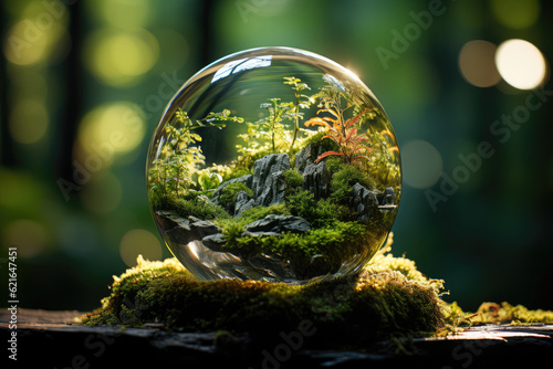 A globe resting on moss in a forest, symbolizing environmental conservation and the concept of preserving the Earth's natural resources. Generative Ai.