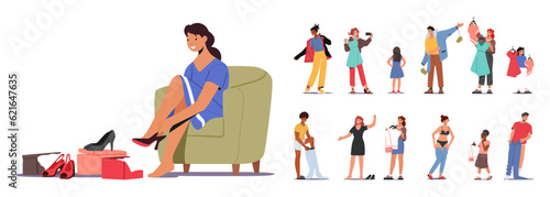 Set of Customer Characters Browse And Try On Clothes In Store, Assessing The Fit, Style, And Comfort Vector Illustration