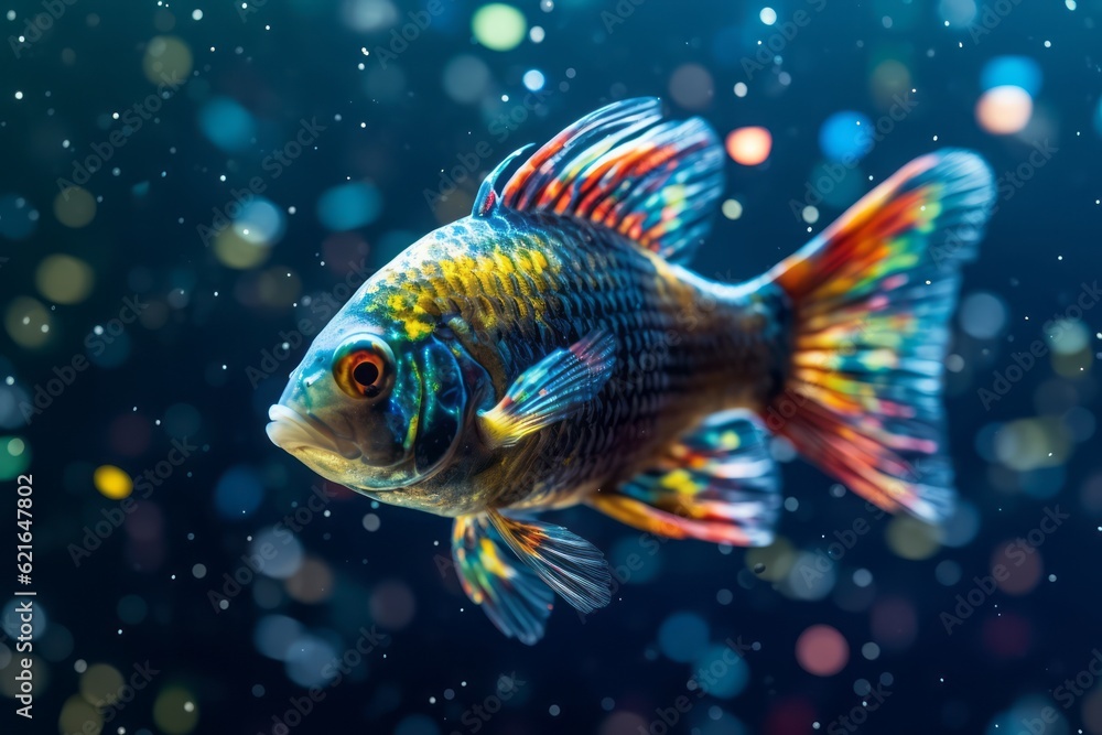 Fototapeta premium A close-up photograph of a fish swimming through a cloud of microplastics, illustrating the pervasive nature of plastic pollution in our oceans. Generative Ai