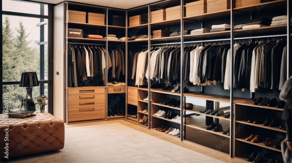 A spacious walk-in wardrobe with organized shelves filled with fashionable clothing, generative ai