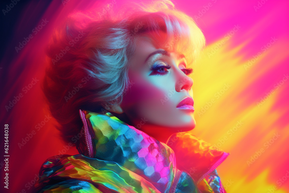Fototapeta premium 1980s style. Punk fashion as a reaction to the hippie movement of the past decades and against the materialistic values of the current decade. Retro, pop, hipster, neon, colorful. Generative AI
