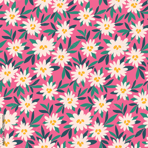 Seamless floral pattern, liberty ditsy print with cute hand drawn daisies. Bright botanical design: small white flowers, tiny leaves, artistic summer meadow on pink background. Vector illustration.