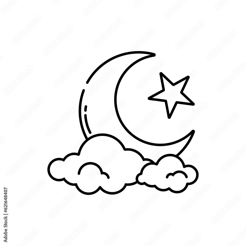 crescent moon and stars icon over white background, line style, vector illustration crescent moon and stars icon over white background, line style, vector illustration