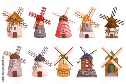 Set Of Windmills Isolated on White Background. Towering Structures With Rotating Blades, Harnessing The Power Of Wind
