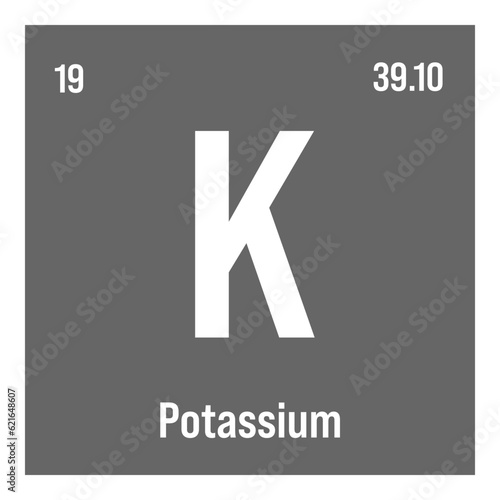 Potassium, K, periodic table element with name, symbol, atomic number and weight. Alkali metal with various industrial uses, such as in fertilizer, soap, and as a medication for certain medical