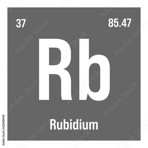 Rubidium, Rb, periodic table element with name, symbol, atomic number and weight. Alkali metal with various industrial uses, such as in certain types of glass, and as a component of certain types of