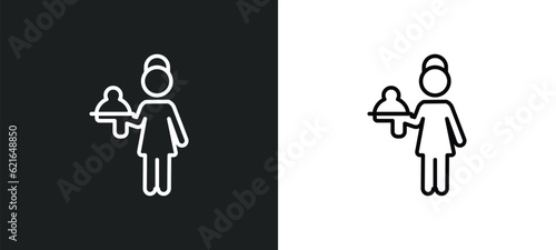waiter with food tray outline icon in white and black colors. waiter with food tray flat vector icon from behavior collection for web, mobile apps and ui.