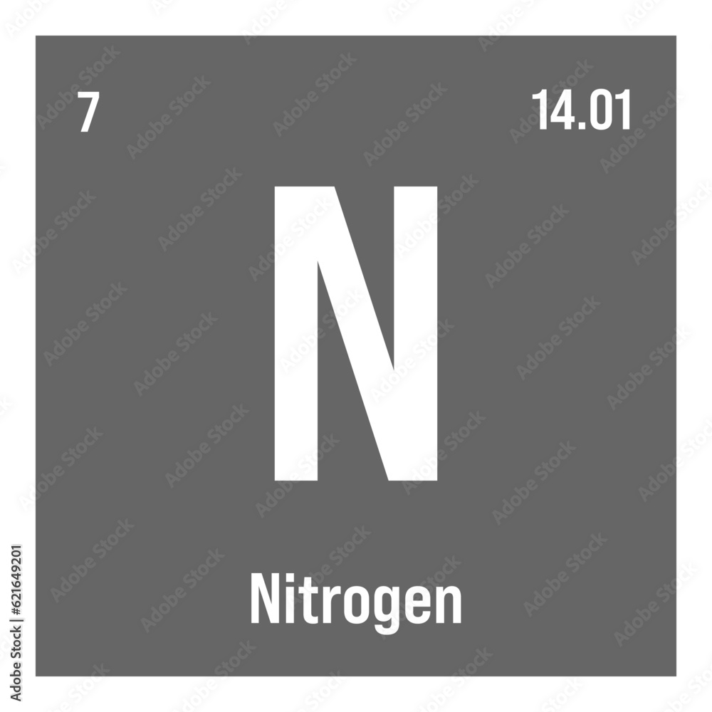 Nitrogen, N, periodic table element with name, symbol, atomic number and weight. Non-metal with various industrial uses, such as in fertilizer, food packaging, and as a filling gas in certain types of