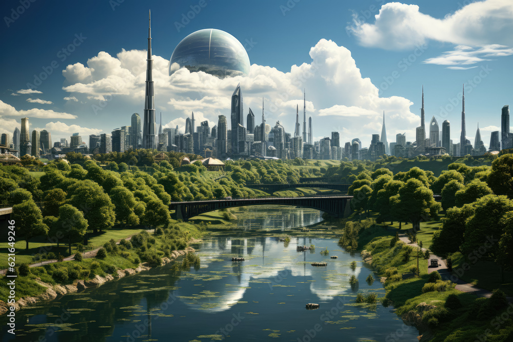 Depicts an ecology concept with a green cityscape and wind turbines, symbolizing the harmonious coexistence of urban development and renewable energy sources. Generative Ai.