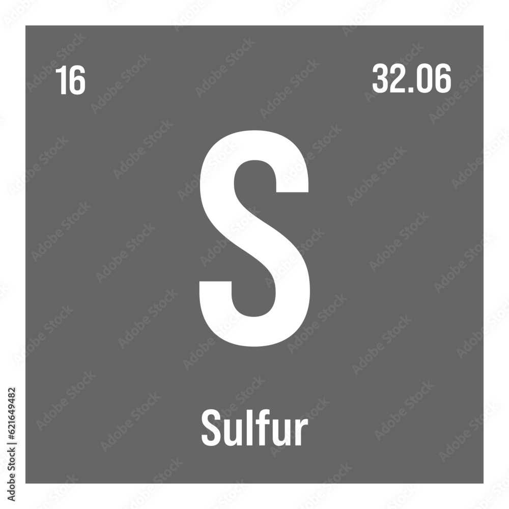 Sulfur, S, periodic table element with name, symbol, atomic number and weight. Non-metal with various industrial uses, such as in fertilizer, certain types of medication, and as a component of certain Sulfur, S, periodic table element with name, symbol, atomic number and weight. Non-metal with various industrial uses, such as in fertilizer, certain types of medication, and as a component of certain
