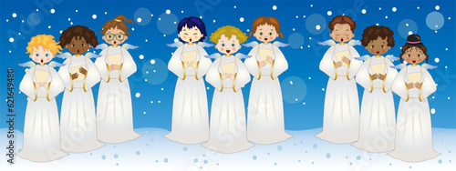 Choir of angels under the snow on different levels each angel can be moved