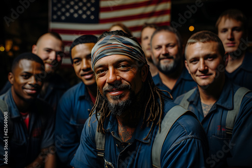 Fiction group portraits of working man and woman , different generations and occupations in their uniforms posing for labor day calendar, AI Generated images and persons. 