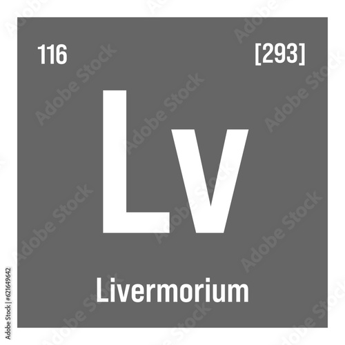 Livermorium, Lv, periodic table element with name, symbol, atomic number and weight. Synthetic element with very short half-life, created through nuclear reactions in a laboratory.