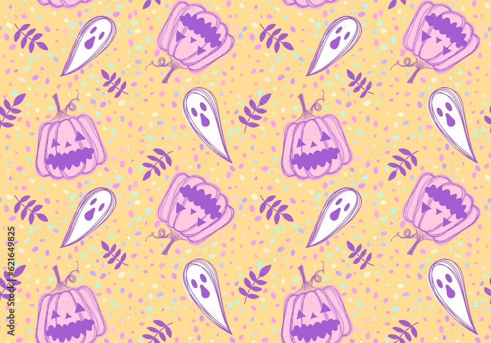Autumn cartoon harvest vegetable seamless Halloween pumpkins and ghost pattern for wrapping paper and fabrics Autumn cartoon harvest vegetable seamless Halloween pumpkins and ghost pattern for wrapping paper and fabrics