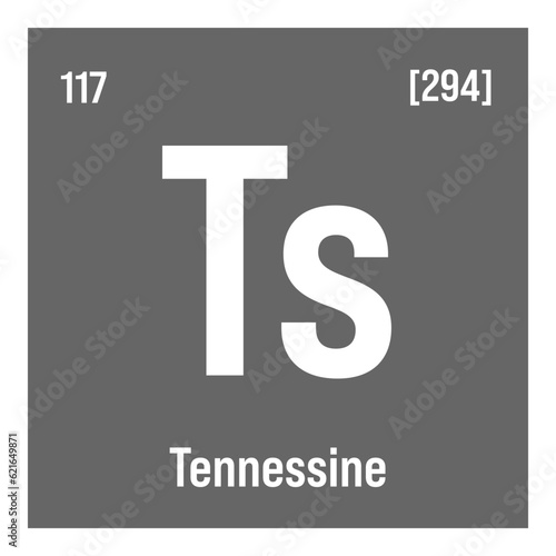 Tennessine, Ts, periodic table element with name, symbol, atomic number and weight. Synthetic element with no known commercial or industrial uses, but has been used in scientific research. photo