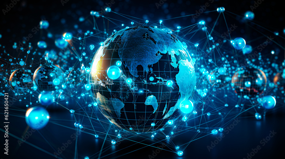 Fototapeta premium Globe With Pointers, Signals And Social Networking Icons, Social Media Networ, abstrackt background. Generative Ai