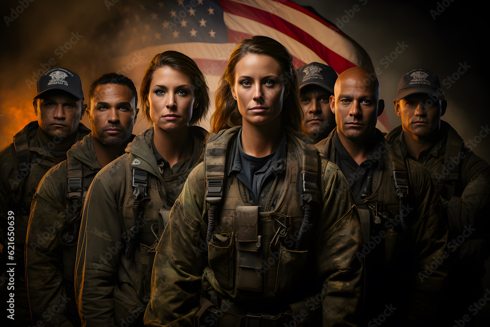 Fototapeta premium Fiction group portraits of working man and woman , different generations and occupations in their uniforms posing for labor day calendar, AI Generated images and persons.